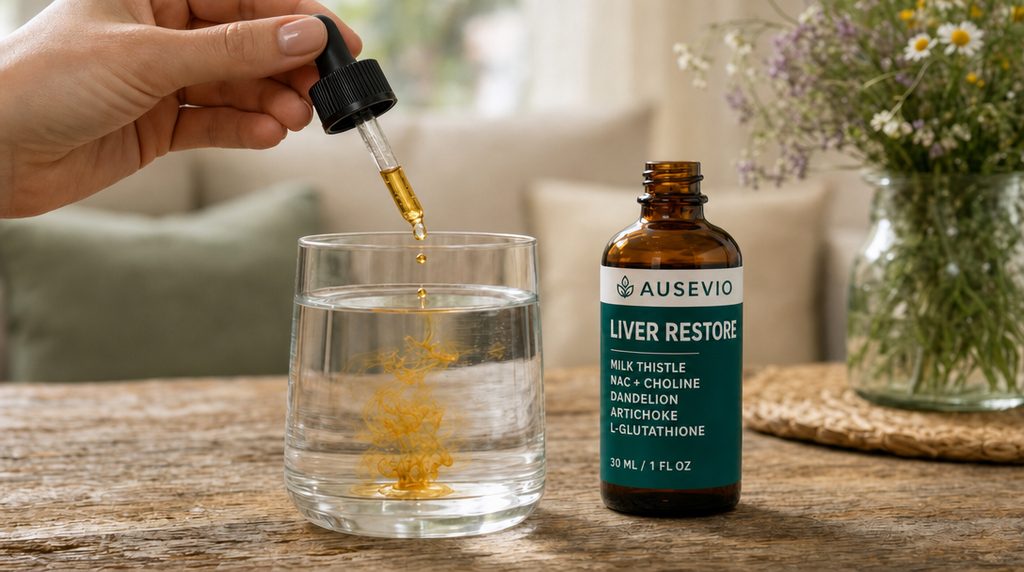 Ausevio drops in a glass of water